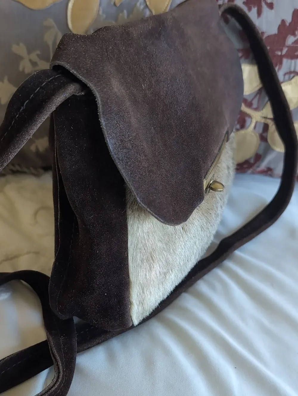 60's Vintage Brown Suede- Hair On Hide Brass Turn Lock Hip Crossbody Bag